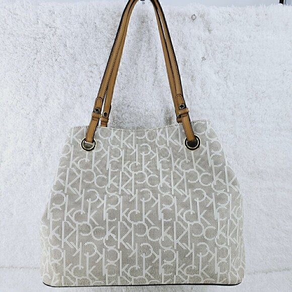 Calvin Klein Large Tan Monogram Shoulder Bag Shopper Tote with Tan Trim - Picture 9 of 16